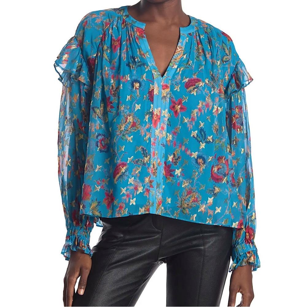 LILOU Derek Lam Blue Floral Print Metallic Gold Long Sleeve Ruffle Blouse